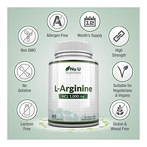L-Arginina 4000-365 Comprimidos Vegetarianos y Veganos, Suministro Hasta Para Un Año de L-Arginina HCL, 1000 mg por Comprimido, Más Potente Que las Cápsulas de L-Arginina de las Marcas Competidoras