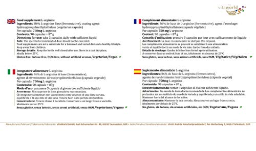 L-Arginina 750mg 100 Cápsulas Vita World Farmacia Alemania Aminoácidos Escenciales Musculación