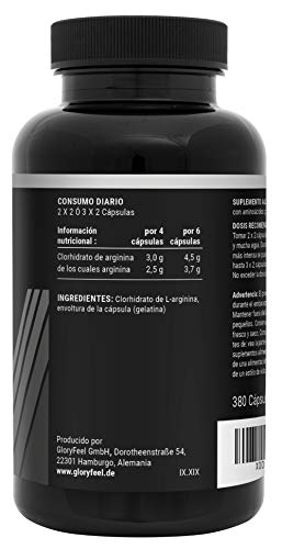 L Arginina Pura 4500mg - 380 Cápsulas - L-Arginina HCL Natural y Sin Aditivos - Suplemento deportivo con 4500mg de L-Arginina HCL (3750mg arginina pura)