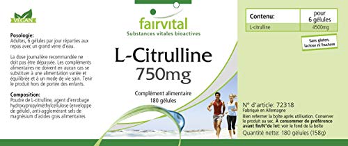 L-Citrulina 750mg - VEGANA - Dosis elevada - - Aminoácido - 180 Cápsulas - Calidad Alemana