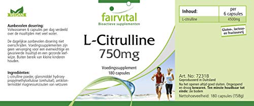 L-Citrulina 750mg - VEGANA - Dosis elevada - - Aminoácido - 180 Cápsulas - Calidad Alemana