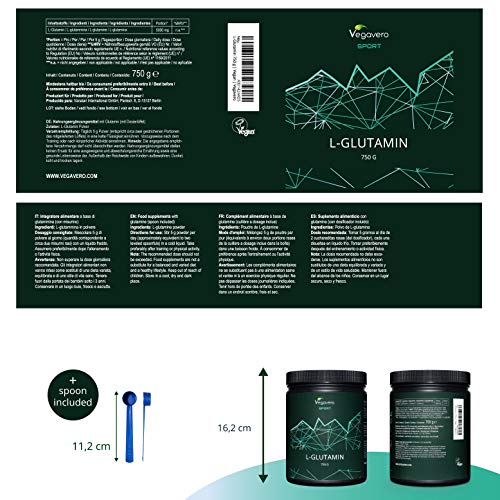 L-Glutamina Vegavero® Sport | PURA SIN ADITIVOS | 750 g en Polvo | Post Entreno | Recuperador Muscular | Dolor Muscular + Agujetas | L Glutamine | Post Workout | Vegana | De Fermentación