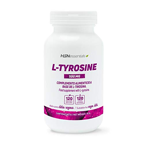 L-Tirosina 500 mg de HSN | Aminoácido para mejorar el Estado de Ánimo, Bienestar y Reducir el Estrés, Ayuda a Perder Peso | Vegano, Sin Gluten, Sin Lactosa, 120 Cápsulas Vegetales