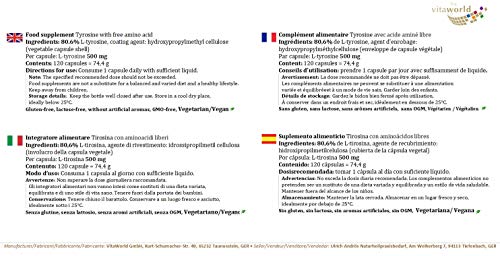 L-Tirosina 500mg 120 Cápsulas Vita World Farmacia Alemania - Aminoácidos