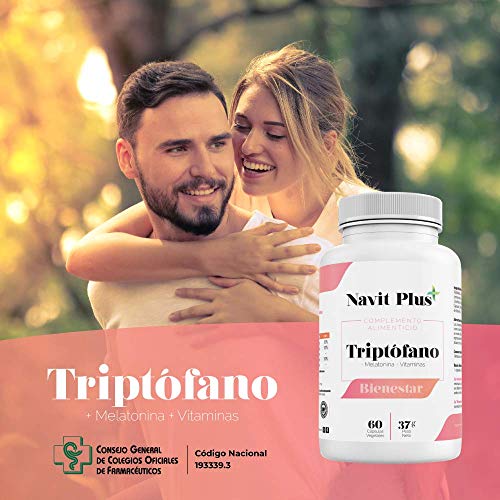 L-Triptófano de Navit Plus. Triptófano 500 mg + B6 + B3 + B2 + Melatonina |60 cápsulas vegetales | Tratamiento 2 meses | Complemento alimenticio para regular el sueño, estrés y bienestar. Fab en CE.