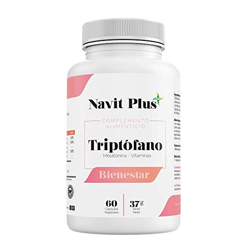 L-Triptófano de Navit Plus. Triptófano 500 mg + B6 + B3 + B2 + Melatonina |60 cápsulas vegetales | Tratamiento 2 meses | Complemento alimenticio para regular el sueño, estrés y bienestar. Fab en CE.
