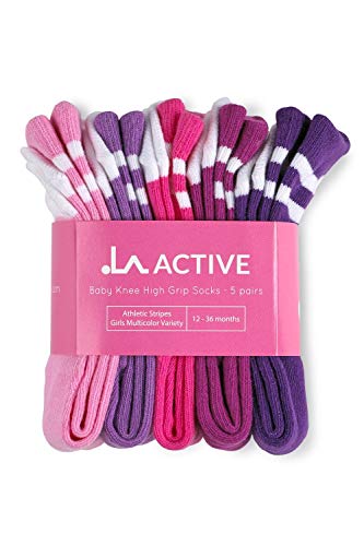 LA Active Calcetines Altos Rodilla Antideslizantes - 5 Pares - para Bebé Niños Niñas Infantil - Algodón (Niñas Rayas Atléticas Variedad Multicolor, 6-12 Meses)