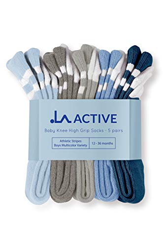 LA Active Calcetines Altos Rodilla Antideslizantes - 5 Pares - para Bebé Niños Niñas Infantil - Algodón (Niños Rayas Atléticas Variedad Multicolor, 6-12 Meses)