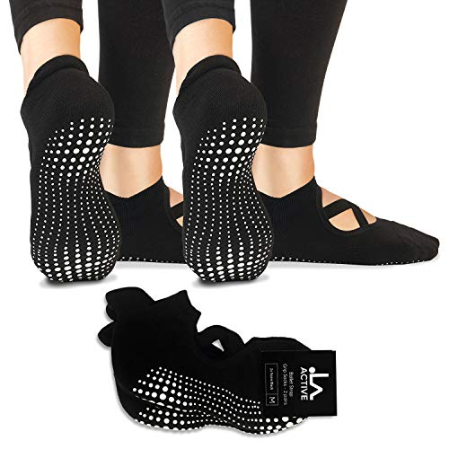 LA Active Calcetines Antideslizantes - 2 Pares - Para Yoga Pilates Ballet Barre Mujer Hombre - Pointe (2x Negro, 37-40)