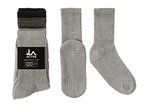 LA Active Calcetines Antideslizantes - 3 Pares - Para Yoga Pilates Ballet Barre Mujer Hombre Hospital - Crew (Gris/Antracita/Negro, 34-37 EU)