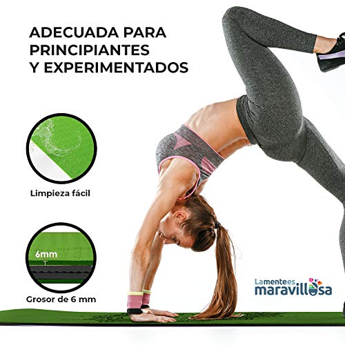 LA MENTE ES MARAVILLOSA - Esterilla de Yoga, Pilates u Otros Deportes - Esterilla Antideslizante TPE con Bolsa y Correa para Llevar al Hombro (Mandala Verde)