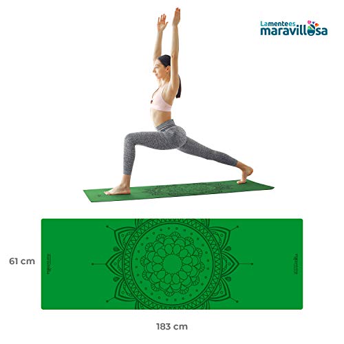 LA MENTE ES MARAVILLOSA - Esterilla de Yoga, Pilates u Otros Deportes - Esterilla Antideslizante TPE con Bolsa y Correa para Llevar al Hombro (Mandala Verde)