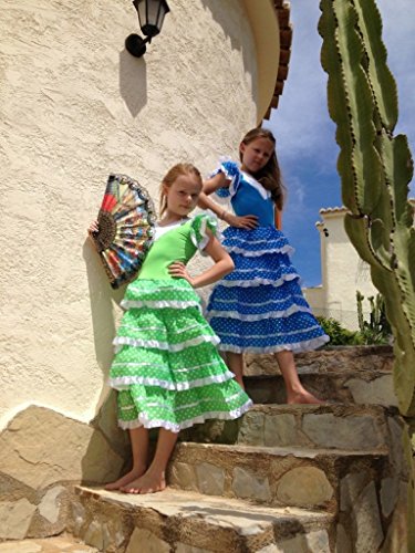 La Senorita Vestido Flamenco Español Traje de Flamenca Chica/niños Azul Blanco (Talla 12, 140-146 - 95 cm, 9/10 años, Azul)