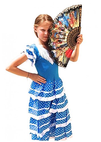 La Senorita Vestido Flamenco Español Traje de Flamenca Chica/niños Azul Blanco (Talla 12, 140-146 - 95 cm, 9/10 años, Azul)