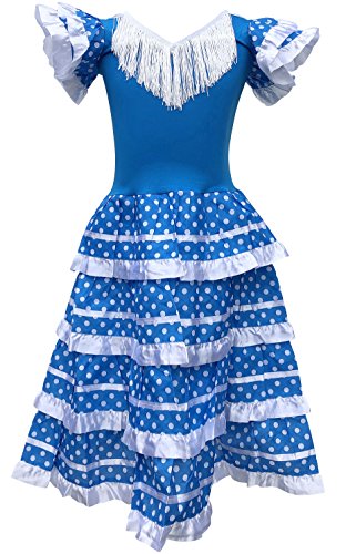 La Senorita Vestido Flamenco Español Traje de Flamenca Chica/niños Azul Blanco (Talla 12, 140-146 - 95 cm, 9/10 años, Azul)