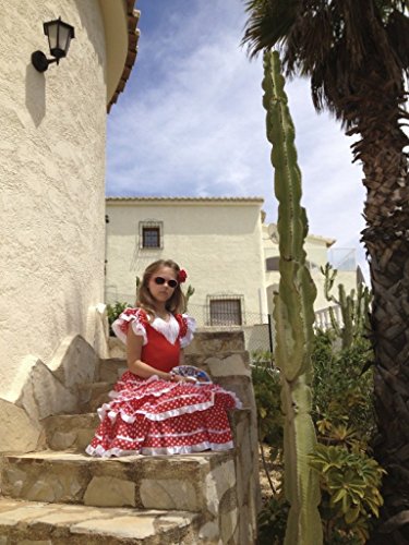 La Senorita Vestido Flamenco Español Traje de Flamenca Chica/niños Blanco Rojo (Talla 12, 140-146 - 95 cm, 9/10 años, Rojo)