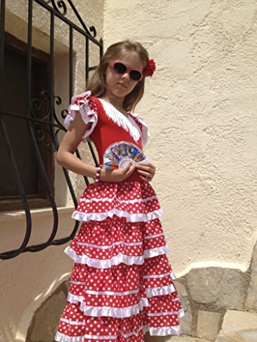 La Senorita Vestido Flamenco Español Traje de Flamenca Chica/niños Blanco Rojo (Talla 12, 140-146 - 95 cm, 9/10 años, Rojo)