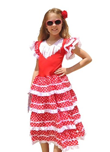 La Senorita Vestido Flamenco Español Traje de Flamenca Chica/niños Blanco Rojo (Talla 12, 140-146 - 95 cm, 9/10 años, Rojo)