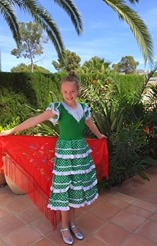 La Senorita Vestido Flamenco Español Traje de Flamenca Chica/niños Verde Blanco (Talla 12, 140-146 - 95 cm, 9/10 años, Verde)
