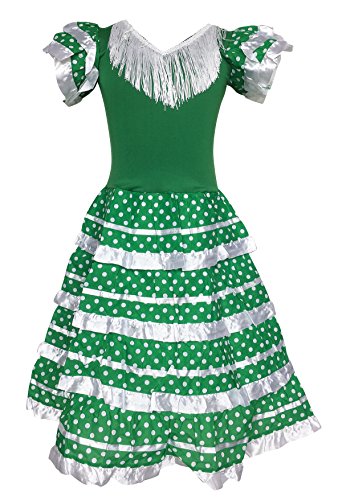 La Senorita Vestido Flamenco Español Traje de Flamenca Chica/niños Verde Blanco (Talla 12, 140-146 - 95 cm, 9/10 años, Verde)
