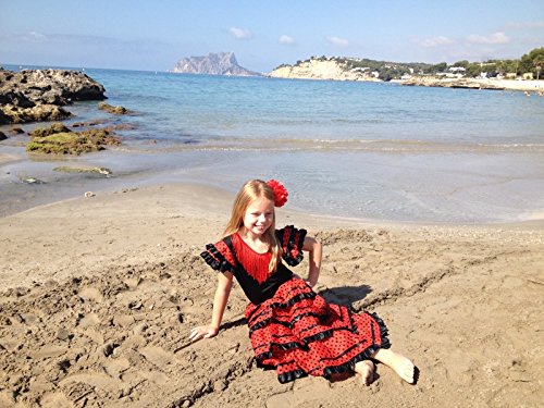 La Senorita Vestido Flamenco Sevillana Español Traje de Flamenca Chica/niños Negro Rojo Talla 12, 140-146, 9/10 años