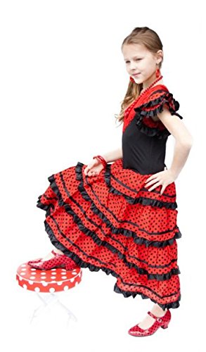 La Senorita Vestido Flamenco Sevillana Español Traje de Flamenca Chica/niños Negro Rojo Talla 12, 140-146, 9/10 años