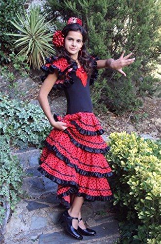 La Senorita Vestido Flamenco Sevillana Español Traje de Flamenca Chica/niños Negro Rojo Talla 12, 140-146, 9/10 años