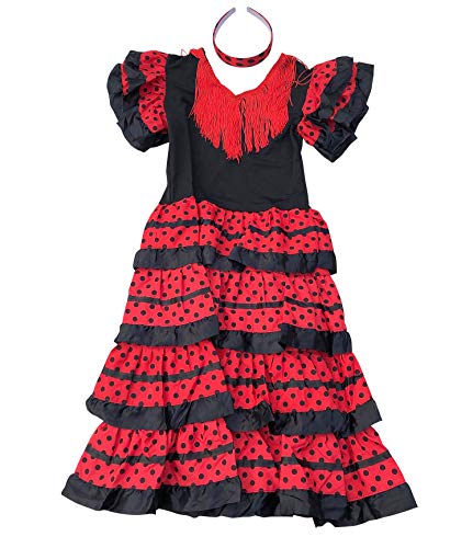 La Senorita Vestido Flamenco Sevillana Español Traje de Flamenca Chica/niños Negro Rojo Talla 12, 140-146, 9/10 años