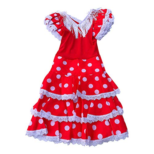 La Senorita Vestido Ropa Flamenco Niño Lujo Español Traje de Flamenca Chica/niños Rojo Blanco (Talla 4, 92-98 - 65 cm, 3/4 años)