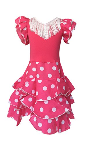 La Senorita Vestido Ropa Flamenco Niño Lujo Español Traje de Flamenca Chica/niños Rosa Blanco (Talla 12, 140-146 - 95 cm, 9/10 años)