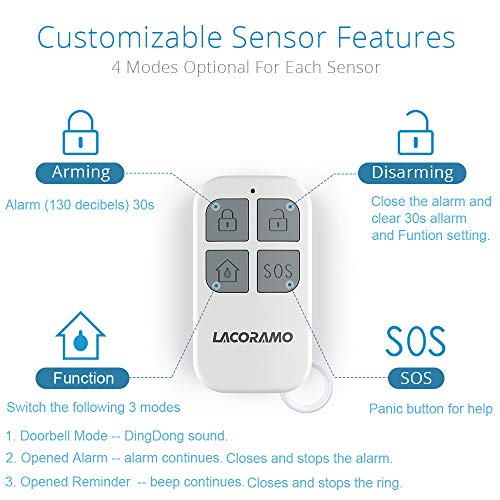 LACORAMO 130db Sensor de alarma para puertas y ventanas con 2 controles remotos, 2 baterías, campana de apertura de contacto magnético inalámbrico para niños, hogar, refrigerador, tienda (1 paquetes)