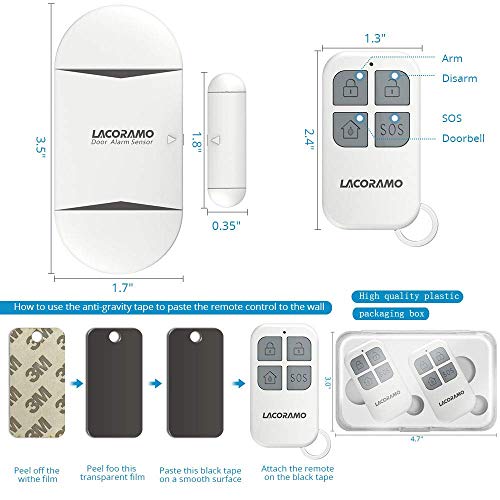 LACORAMO 130db Sensor de alarma para puertas y ventanas con 2 controles remotos, 2 baterías, campana de apertura de contacto magnético inalámbrico para niños, hogar, refrigerador, tienda (1 paquetes)