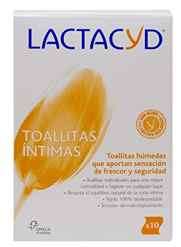 Lactacyd Toallitas húmedas - Higiene íntima - Aporta sensación de frescor y seguridad - 100% biodegradable - con ácido L-láctico natural - 10 toallitas individuales