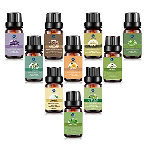 Lagunamoon Aceites Esenciales, Top 10 Set de Viaje de Aceites de Aromaterapia de Lavanda, Eucalipto, Hierba de Limón, Menta, Arból de Té, Jazmín, Aceites Esenciales para Humidificador, 100% Puros