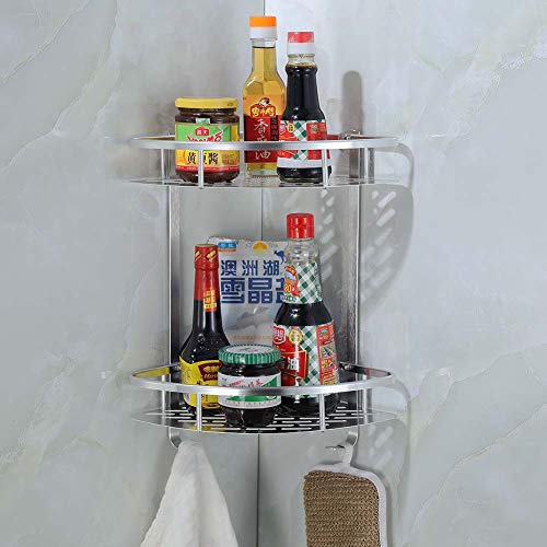 Laimew estanteria baño esquina sin taladro, Lustroso aluminio adhesivo estante ducha con ganchos para colgar, 2 gradas