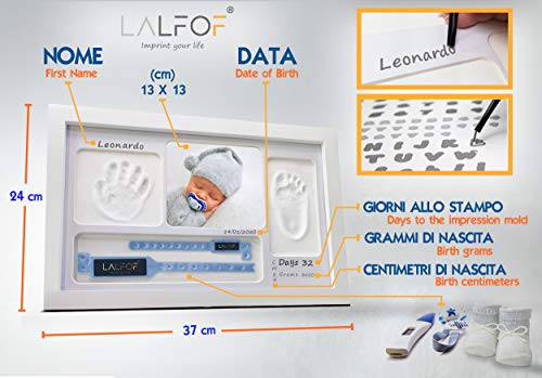 LALFOF® marco huellas bebe 7in1 Regalos originales para bebes recien nacidos con nombre personalizados,datos de nacimiento y huella bebe pie y manos, para padres primerizos y para mamas embarazadas