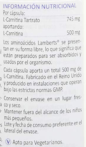 Lamberts L Carnitina 500mg - 60 Cápsulas Lamberts L Carnitina 500mg - 60 Cápsulas
