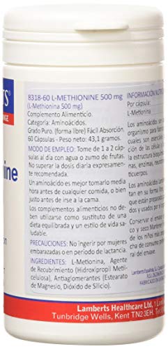Lamberts L Metionina 500mg - 60 Cápsulas Lamberts L Metionina 500mg - 60 Cápsulas