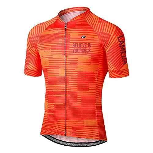 LAMEDA Maillot Ciclismo Hombre Verano Manga Corta Poliéster 100% Transpirable Elástico y De Secado Rápido, Camiseta MTB Profesional De Corte Ancho para Bicicleta De Montaña Carretera(Naranja,XL)