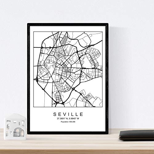 Lámina mapa de la ciudad Sevilla estilo nordico en blanco y negro. Poster tamaño A3 Enmarcado con marco negro Impreso papel 250 gr. Cuadros, láminas y posters para salon y dormitorio