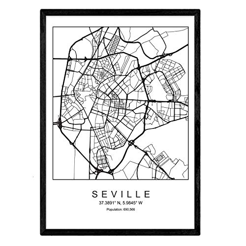 Lámina mapa de la ciudad Sevilla estilo nordico en blanco y negro. Poster tamaño A3 Enmarcado con marco negro Impreso papel 250 gr. Cuadros, láminas y posters para salon y dormitorio