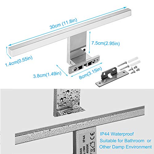 Lámpara de Espejo Baño LED 5W 30cm 400LM Azhien,Blanco Neutro 4000K LED Armario Lámpara Luz de Pared IP44 230V Aplique de Baño Espejo Acero Inoxidable 300x14x14mm