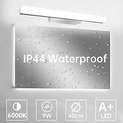 Lámpara de Espejo Baño LED 9W Ketom IP44 Aplique Espejo LED Blanca Fría 6000K LED Lámpara de espejo 900LM Lámpara de Pared Espejo de Acero Inoxidable Para Maquillaje, Espejo, Baño, 40cm