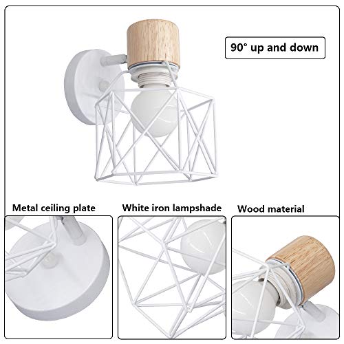 Lámpara de pared blanca de metal BYX con soporte de madera, luz de montaje en pared giratoria con forma de geometría para leer el fondo de la televisión del dormitorio (bombilla 6000k incluida)