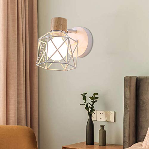 Lámpara de pared blanca de metal BYX con soporte de madera, luz de montaje en pared giratoria con forma de geometría para leer el fondo de la televisión del dormitorio (bombilla 6000k incluida)