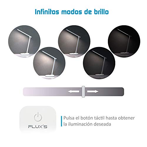 Lámpara Escritorio LED FLUX'S, Flexo de Mesa con 3 Modos y Brillo Regulable, Control Táctil y Plegable, Bajo Consumo, Anti Fatiga, para Leer, Estudiar, Teletrabajar