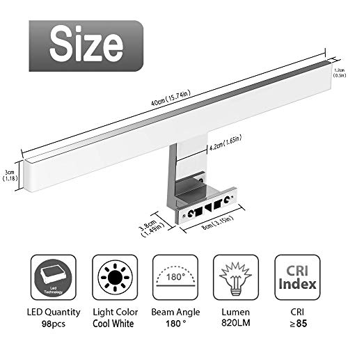 Lámpara LED de Espejo 10W 820LM 40mm Lámpara de Baño Azhien, Blanco Frio 6000K Lámpara LED de Pared IP44 230V Luz de Espejo de Baño de Acero Inoxidable 40cm