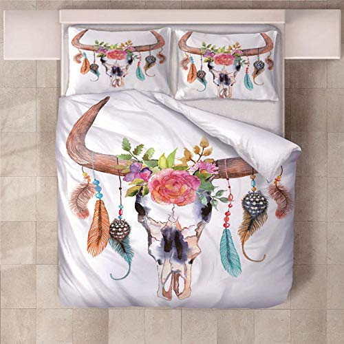 LAMPWF 3D Ropa de Cama 3 Piezas Juego de Ropa de Cama con 220x260cm Funda de Edredón de Microfibra de 2 x 50x90cm Funda de Almohada Polyester Diseño de Impresión - Cabeza de Ciervo de Flor