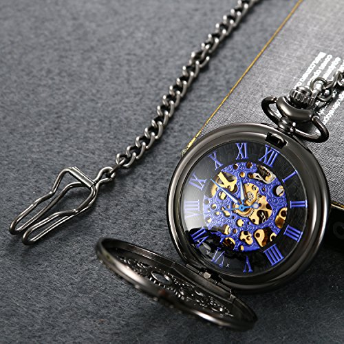 LANCARDO Reloj de Bolsillo Mecánico de Cuerda Manual Cubierta Forma de Engranajes Collar de Suéter Retro con Colgante Cadena Impermeable de 10m Tiempo Preciso para Hombre Mujer Unisex (Negro)