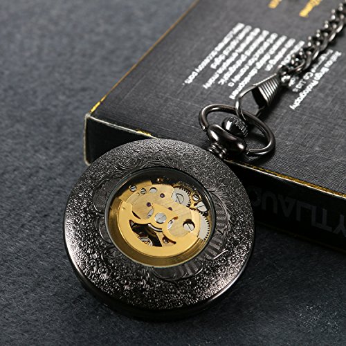 LANCARDO Reloj de Bolsillo Mecánico de Cuerda Manual Cubierta Forma de Engranajes Collar de Suéter Retro con Colgante Cadena Impermeable de 10m Tiempo Preciso para Hombre Mujer Unisex (Negro)